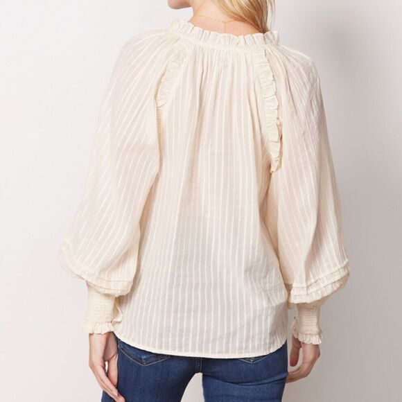 Cleobella Cream ARI Metallic Sparkle Stripe Ruffled Long Sleeve Peasant Blouse - Picture 3 of 16